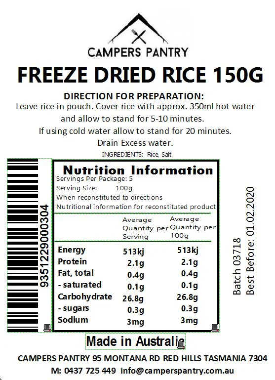 Campers Pantry Freeze Dried Rice - 150g - Image 2