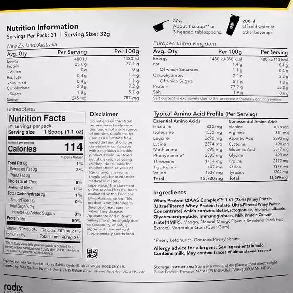 Radix Nutrition DIAAS Complex 1.61 Whey Protein Powder - 1kg - Image 2